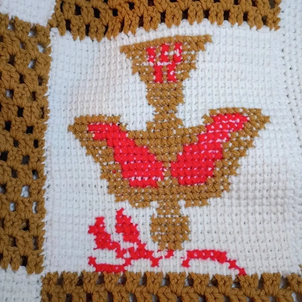 Handmade Crochet Afghan Blanket 64x49 Religious Christian Catholic Gold White
